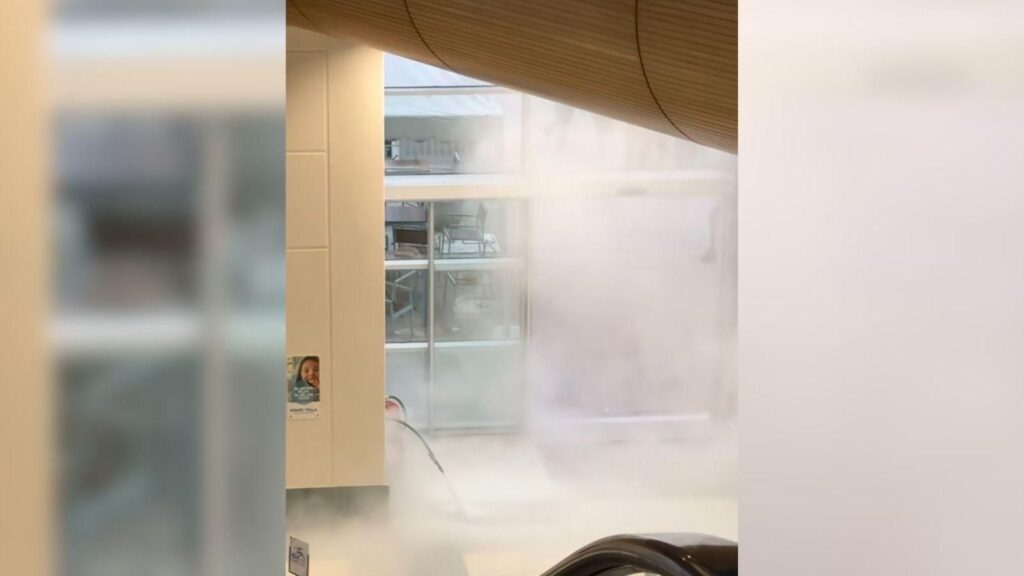 Un extintor accionado por unos niños llena de polvo la tercera planta del centro comercial Ponte Vella